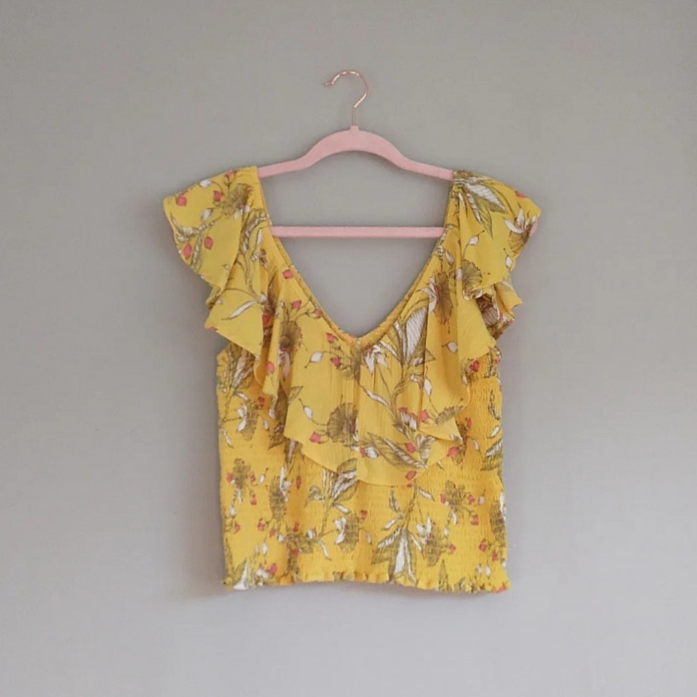 Express Yellow Floral Flutter Top